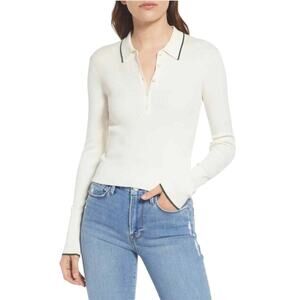 Frame Off White Shrunken Ribbed Silk Cotton Polo Sweater